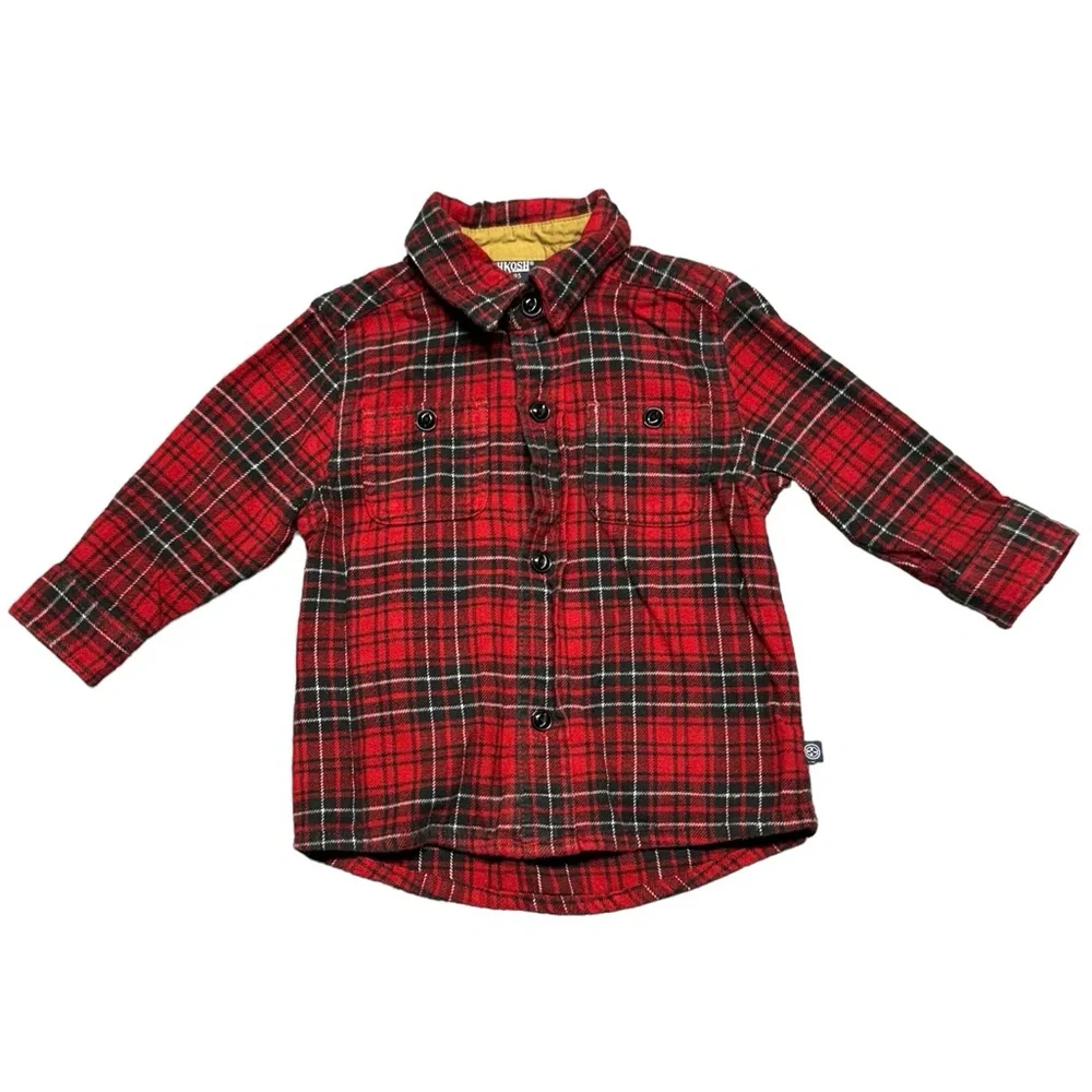 OshKosh B'gosh Flannel Shirt Button Up Long‎ Sleeve Boys 18 Month Red Casual